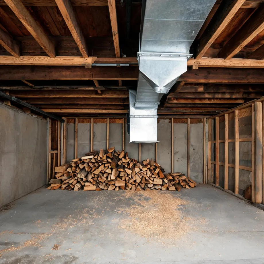 Unfinished basement with exposed wood joists, galvanized sheet-metal ductwork, concrete walls with wood stud framing, and a pile of split firewood on the concrete floor surrounded by wood debris.