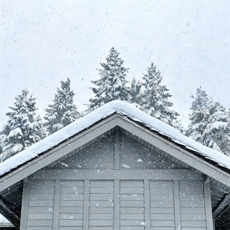 The snow-covered gable end of a gray wood-clad building, with snow-laden conifers and falling snow behind it under an overcast sky.