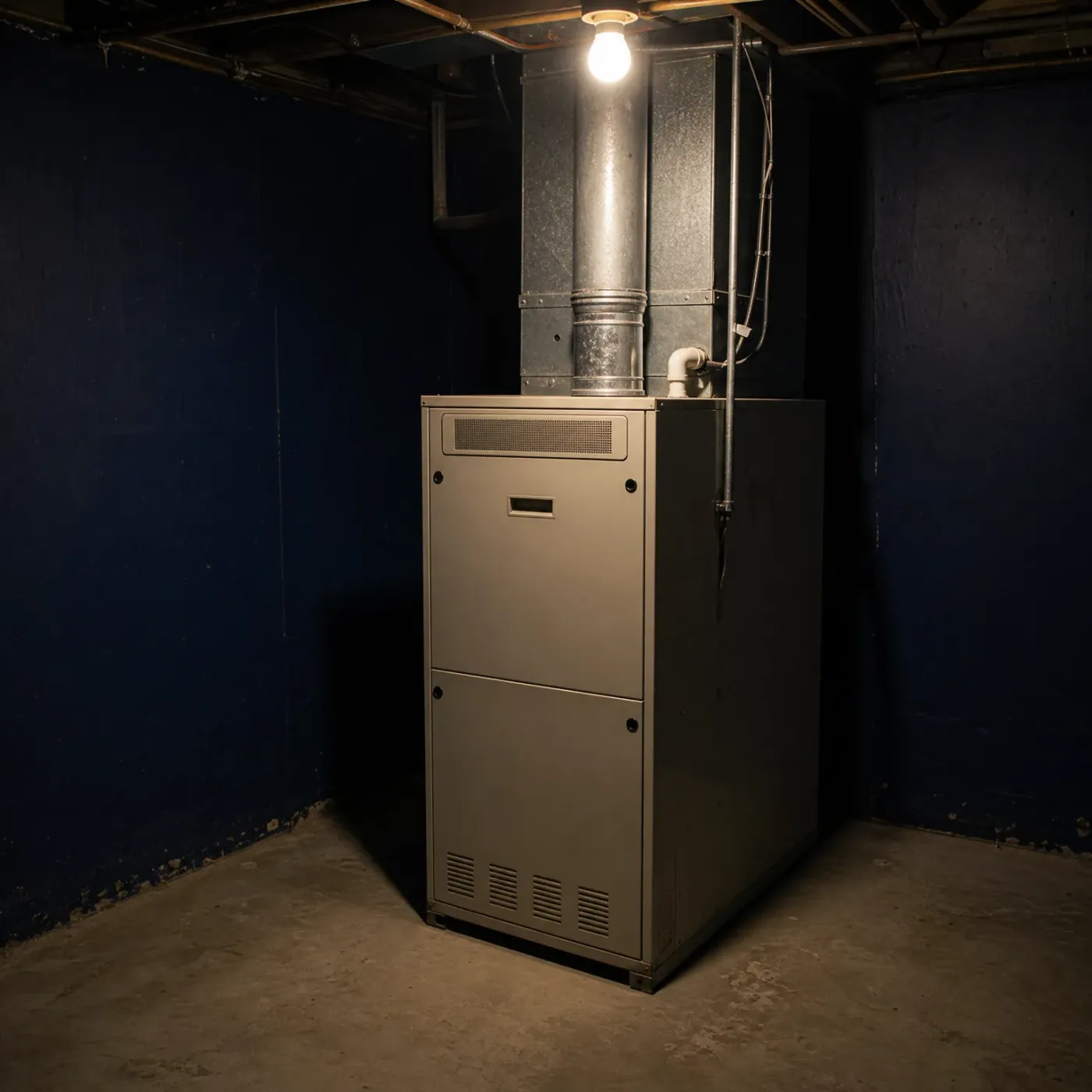 A beige sheet-metal furnace with ducting and a metal flue stands in a basement corner with dark blue painted walls, a concrete floor, and a bare hanging light bulb overhead.