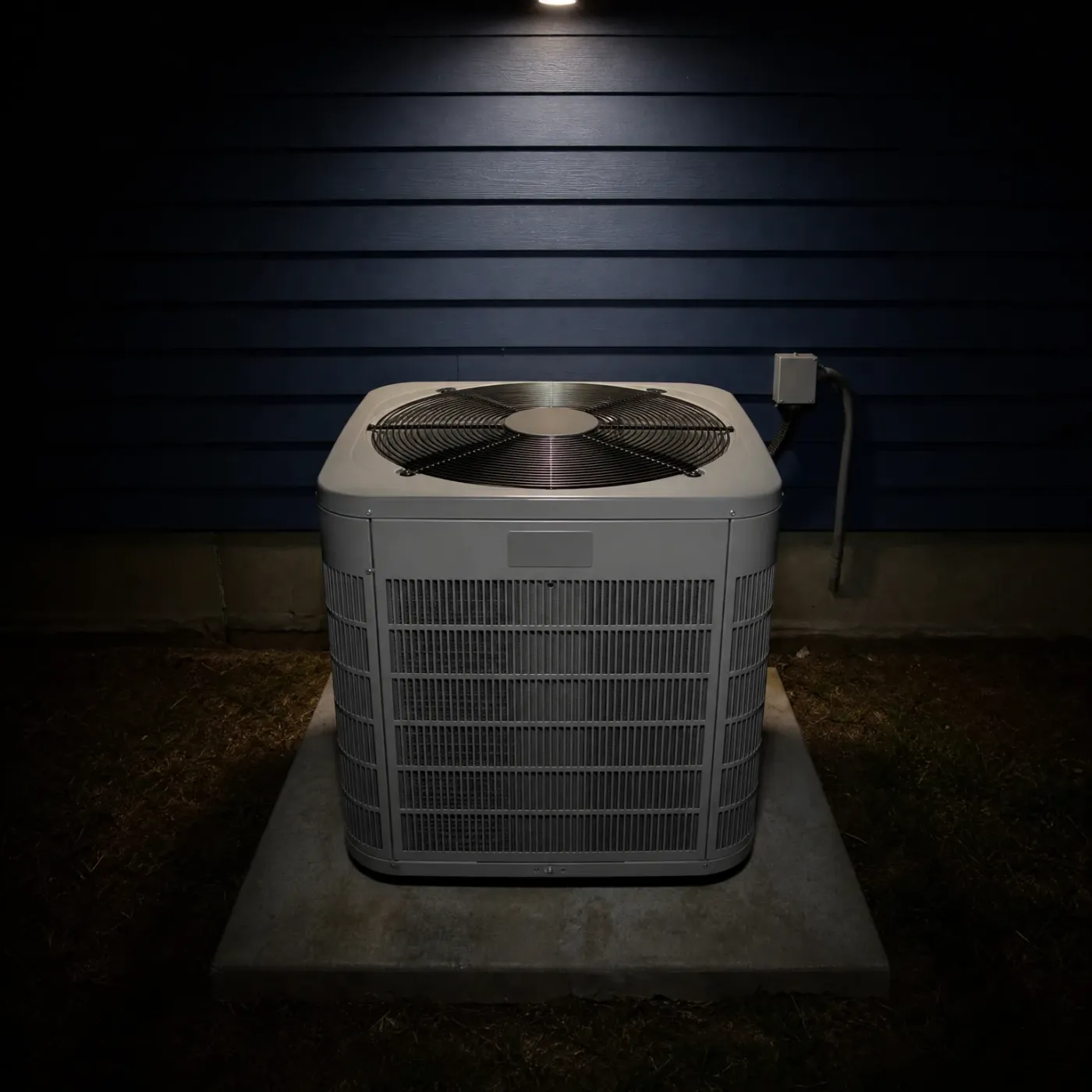 An outdoor condenser unit on a concrete pad against dark blue horizontal lap siding at night, lit from above, with a disconnect box and conduit on the wall behind it.
