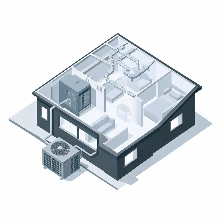 Isometric cutaway illustration of a small house showing interior rooms with furniture, ceiling ductwork and an air handler, plus an outdoor condenser unit connected by refrigerant lines beside the building.