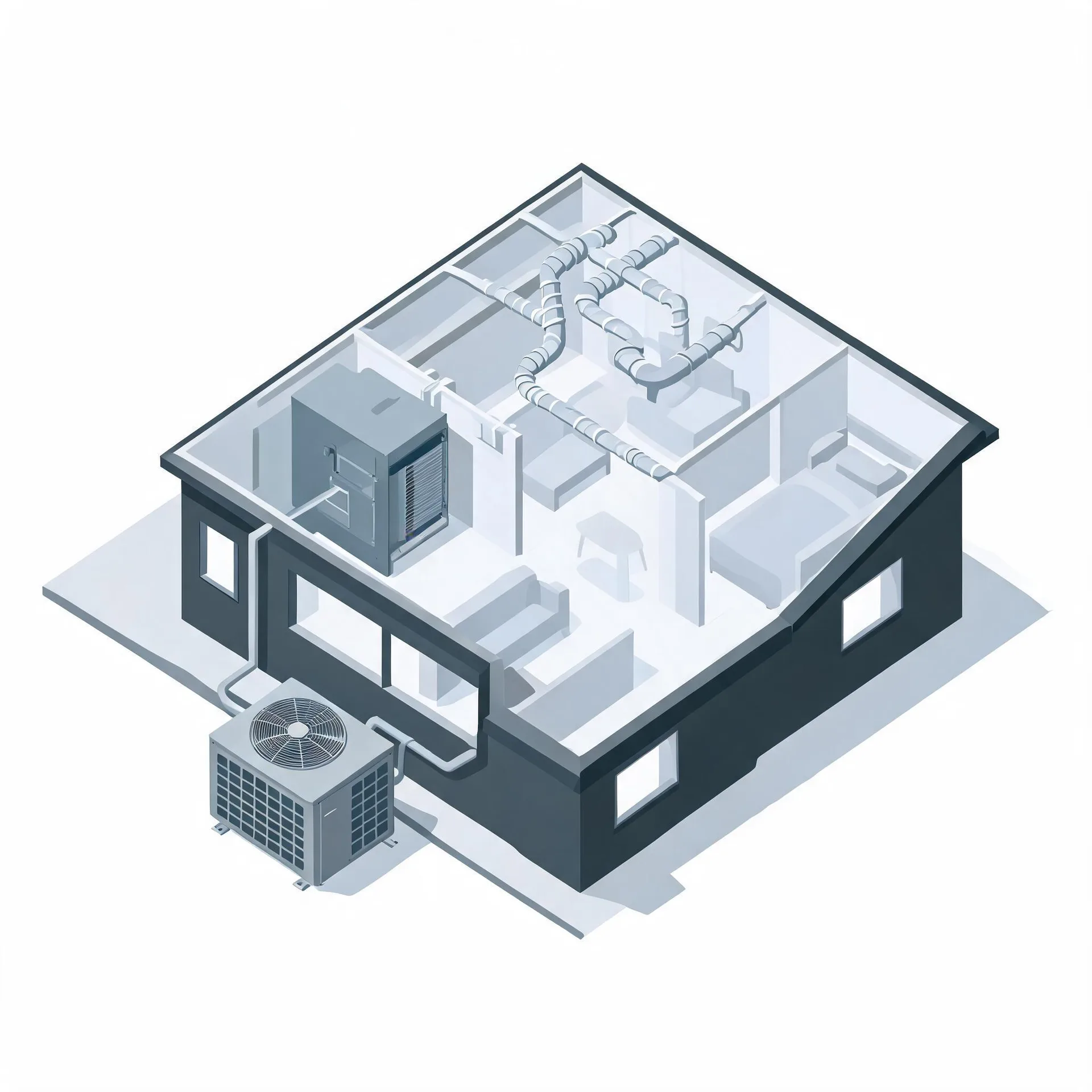 Isometric cutaway illustration of a small house showing interior rooms with furniture, ceiling ductwork and an air handler, plus an outdoor condenser unit connected by refrigerant lines beside the building.