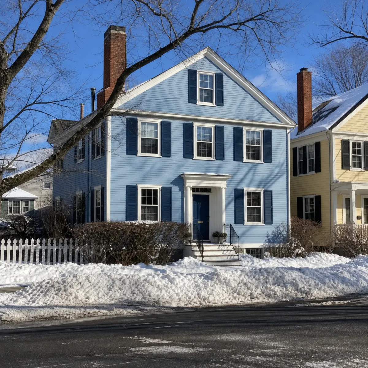 A two-story light blue clapboard house with dark blue shutters, a white columned entry, and brick chimneys, flanked by a yellow house and a white picket fence, with plowed snowbanks along a bare road in the foreground under a clear sky.