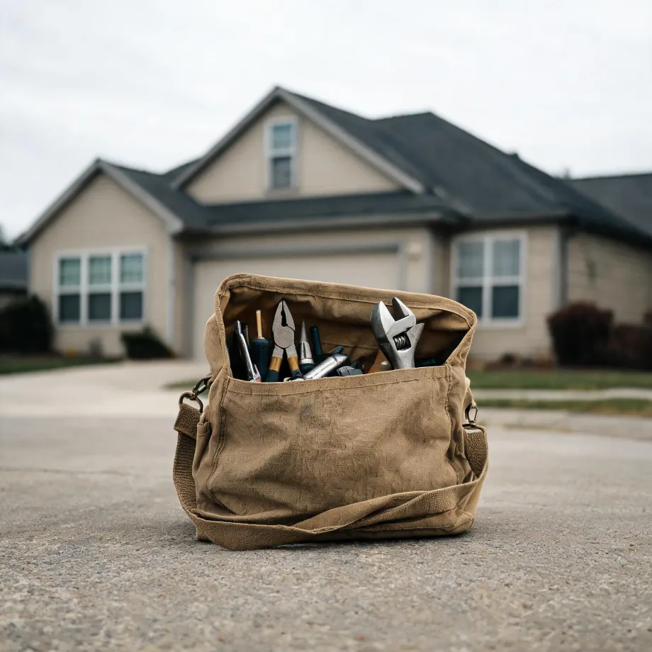 An open tan canvas tool bag holding pliers, screwdrivers and an adjustable wrench sits on a concrete driveway in front of a blurred single-story house with a garage door.