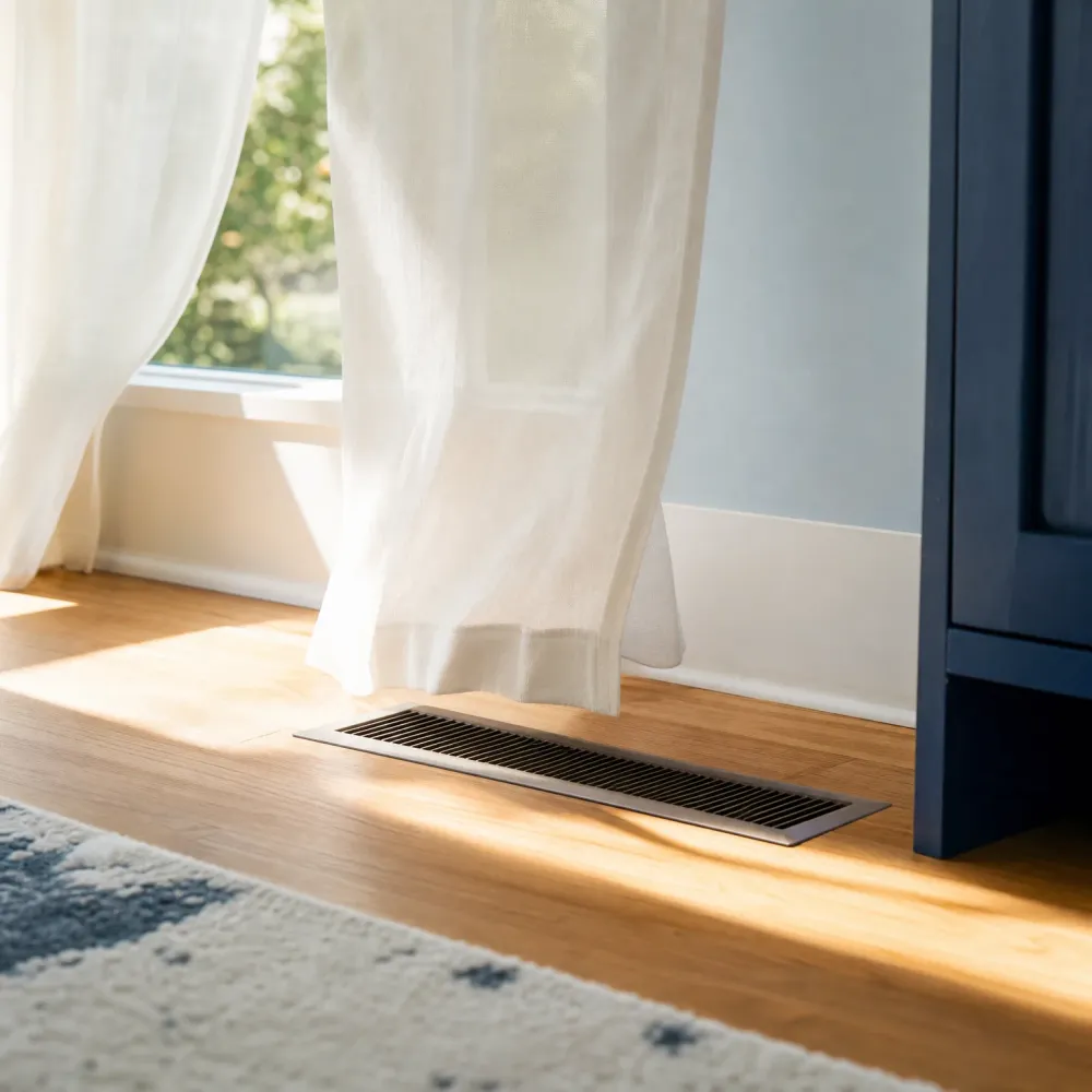 A metal floor vent set into a wood floor near a window with sheer white curtains, a white baseboard, a dark blue cabinet at right, and a patterned rug in the foreground.