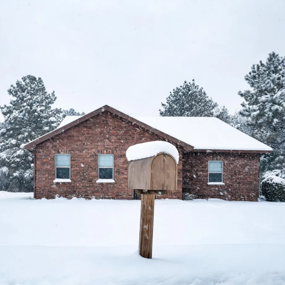 A snow-covered wooden mailbox on a post stands in a snowy yard in front of a single-story red brick house with a snow-laden roof, framed by snow-covered pine trees under an overcast sky with falling snow.