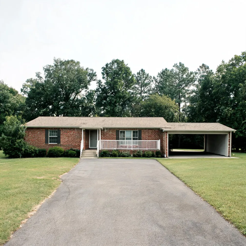 Single-story red brick ranch house with a shingled roof, small white-railed front porch, attached carport at right, and a paved driveway crossing a mown lawn toward the camera, with tall trees behind.