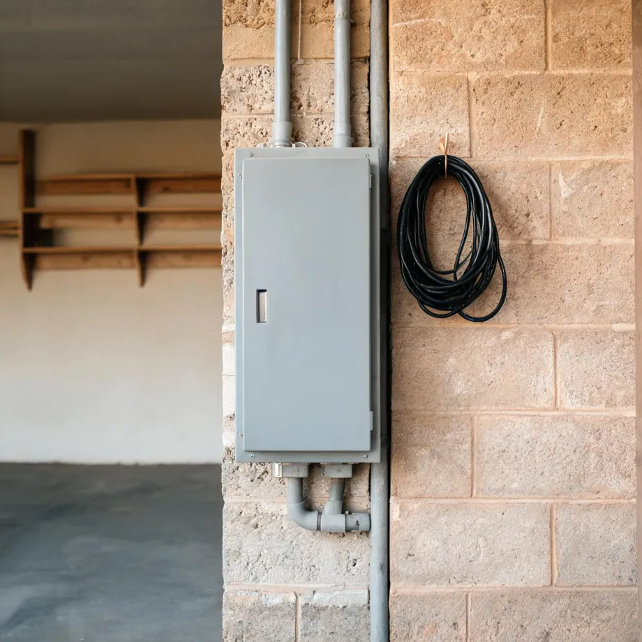 A grey metal electrical panel with conduit pipes mounted on a concrete block wall, with a coiled black cable hanging on a hook to the right and an open doorway showing wooden shelving on the left.