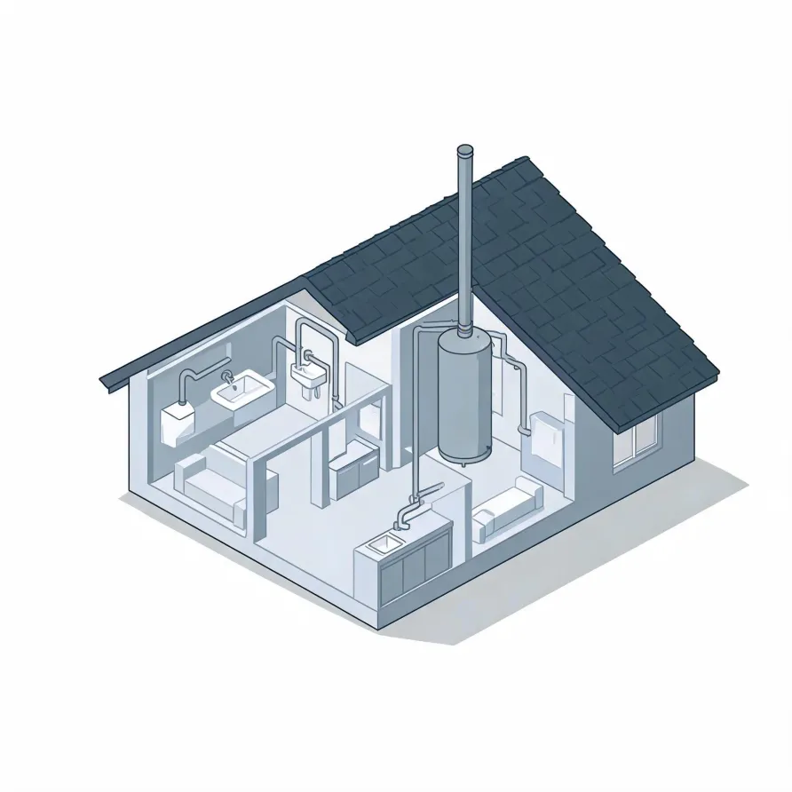 Isometric cutaway illustration of a small single-story house showing interior rooms with sinks, a toilet, furniture and a tall cylindrical water heater with a flue pipe extending through the dark shingled roof.