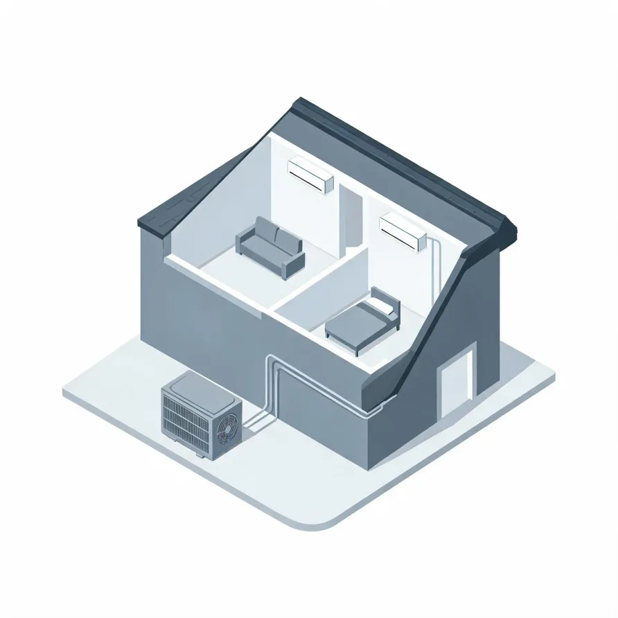 Isometric cutaway illustration of a two-room house showing two wall-mounted indoor air conditioning units connected by line sets to an outdoor condenser unit on the ground outside.