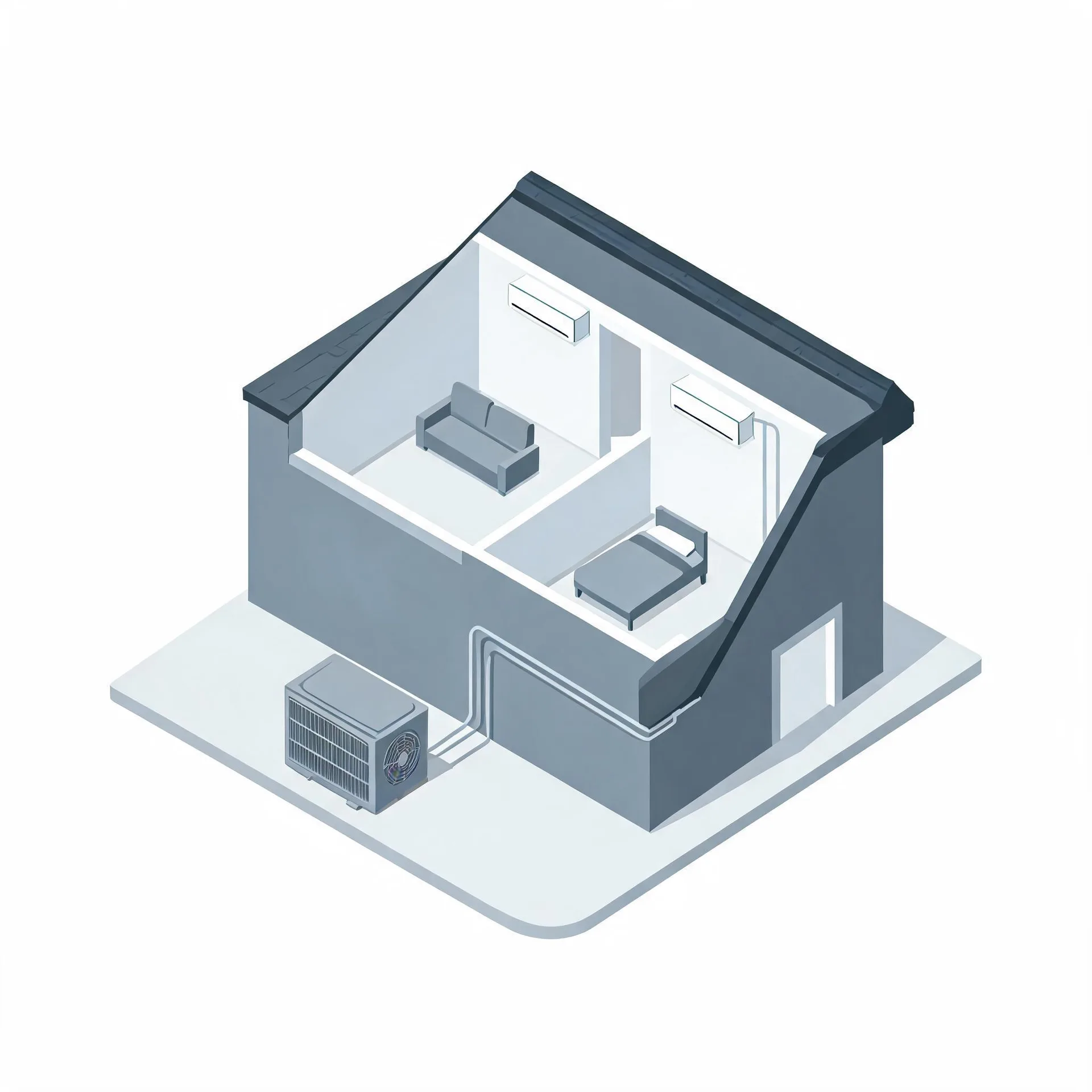 Isometric cutaway illustration of a two-room house showing two wall-mounted indoor air conditioning units connected by line sets to an outdoor condenser unit on the ground outside.