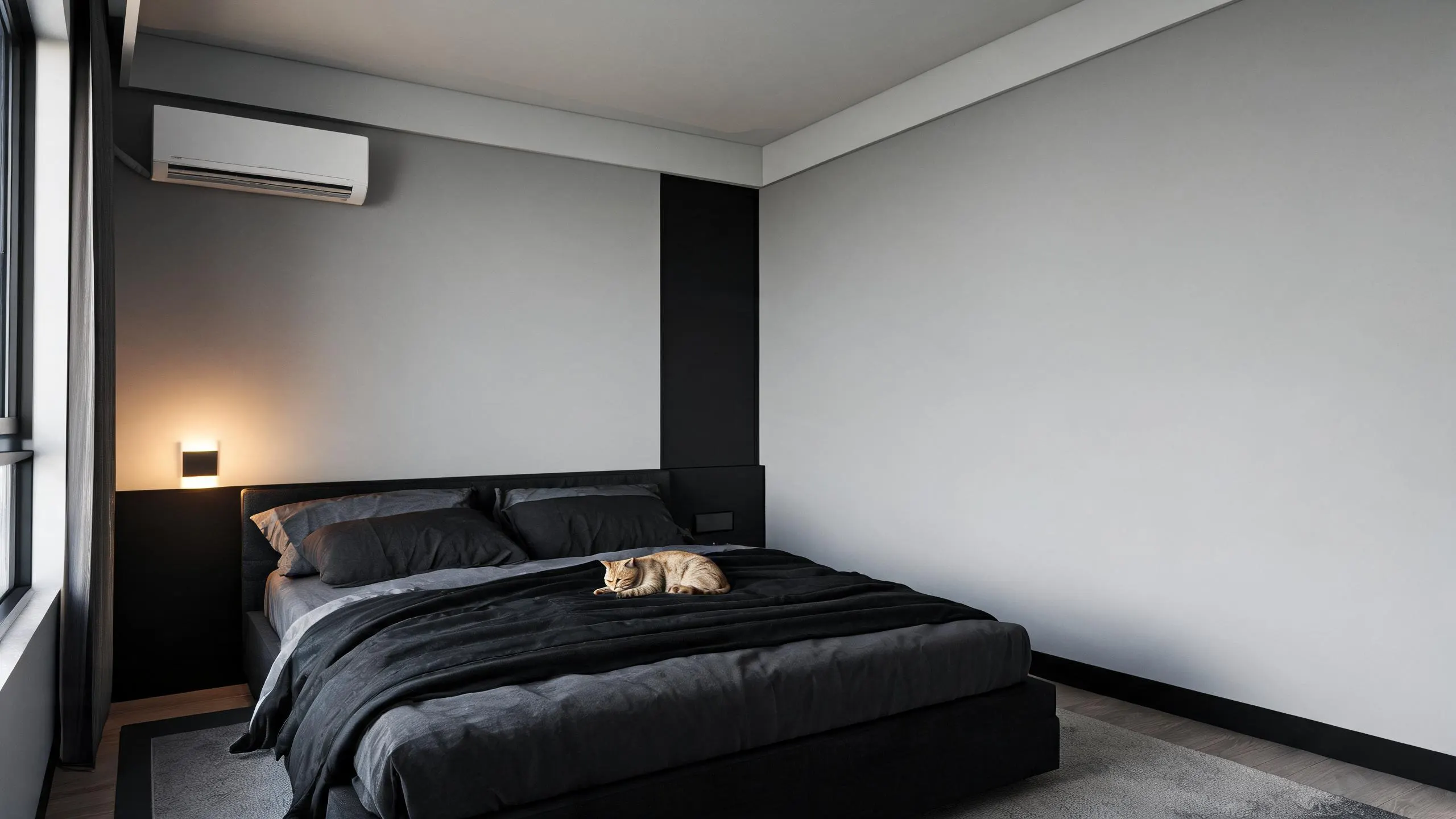 An orange cat rests on a dark grey bed in a minimalist monochrome bedroom.