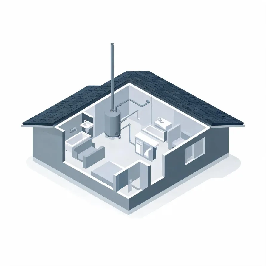 Isometric cutaway illustration of a single-story house with a dark shingled roof, showing interior rooms with plumbing fixtures, sinks, a bathtub, and a cylindrical water heater with a tall vent pipe extending above the roof.