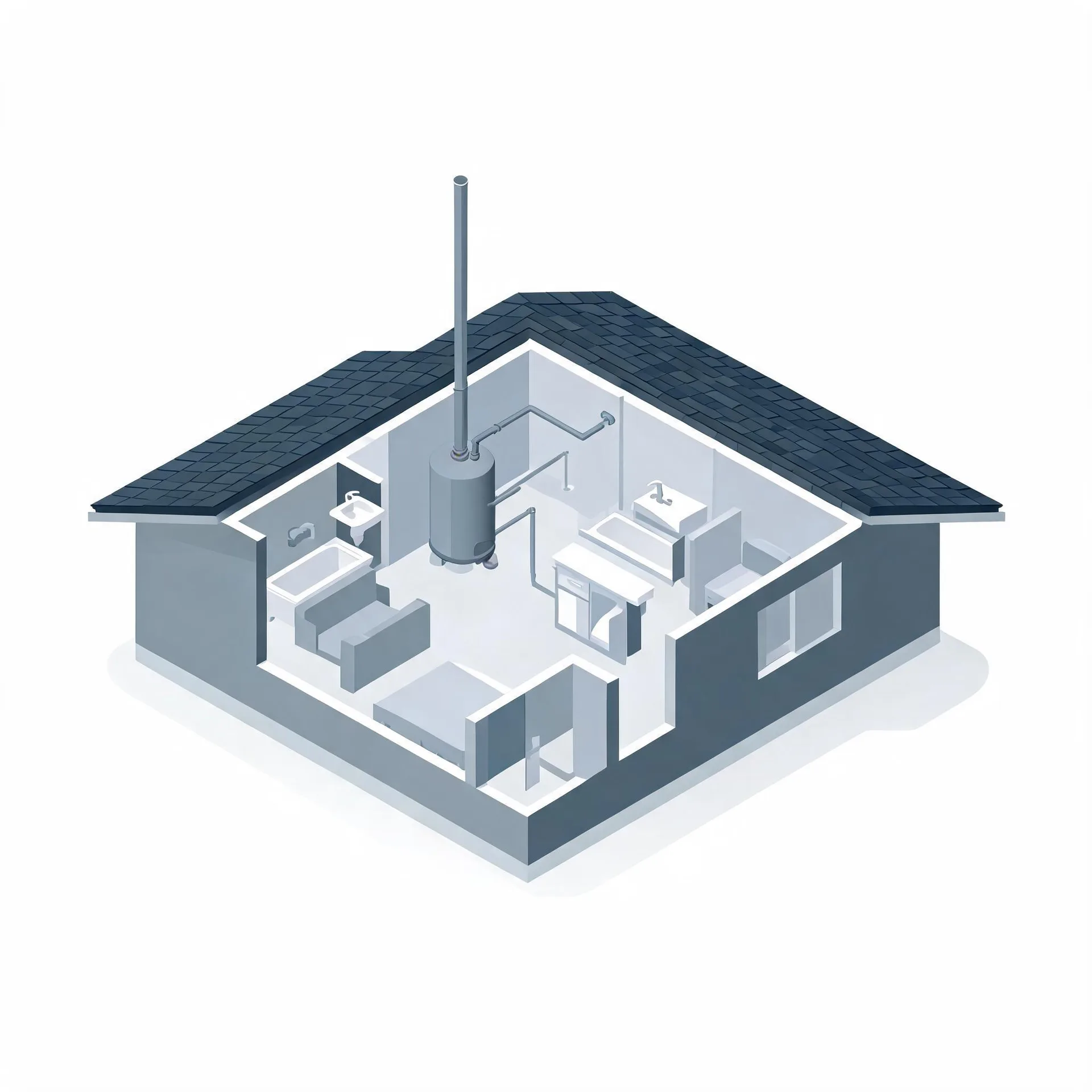 Isometric cutaway illustration of a single-story house with a dark shingled roof, showing interior rooms with plumbing fixtures, sinks, a bathtub, and a cylindrical water heater with a tall vent pipe extending above the roof.