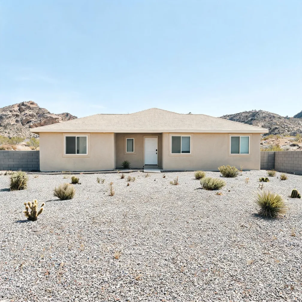 A single-story beige stucco house with a shingled hip roof and white front door, fronted by a gravel yard with small desert shrubs and cacti, with a block wall and rocky hills behind.