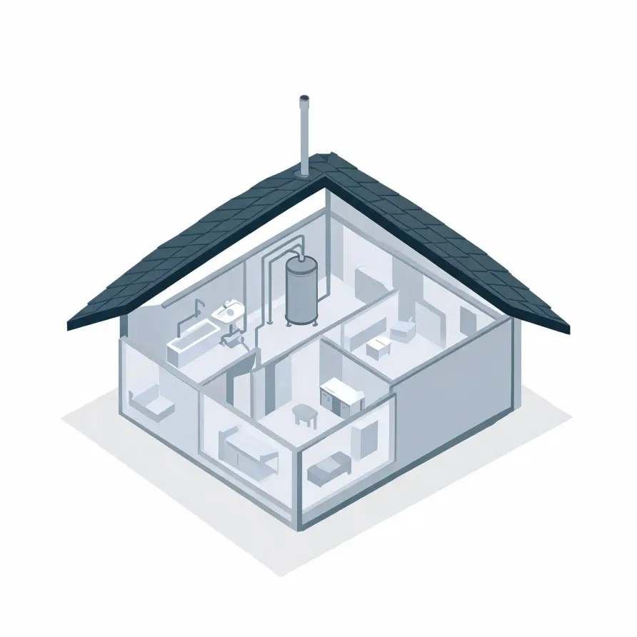 Isometric cutaway illustration of a single-story house with a dark gabled roof and chimney, showing interior rooms with furniture, a bathroom fixture group, and a cylindrical water heater with connected pipes.