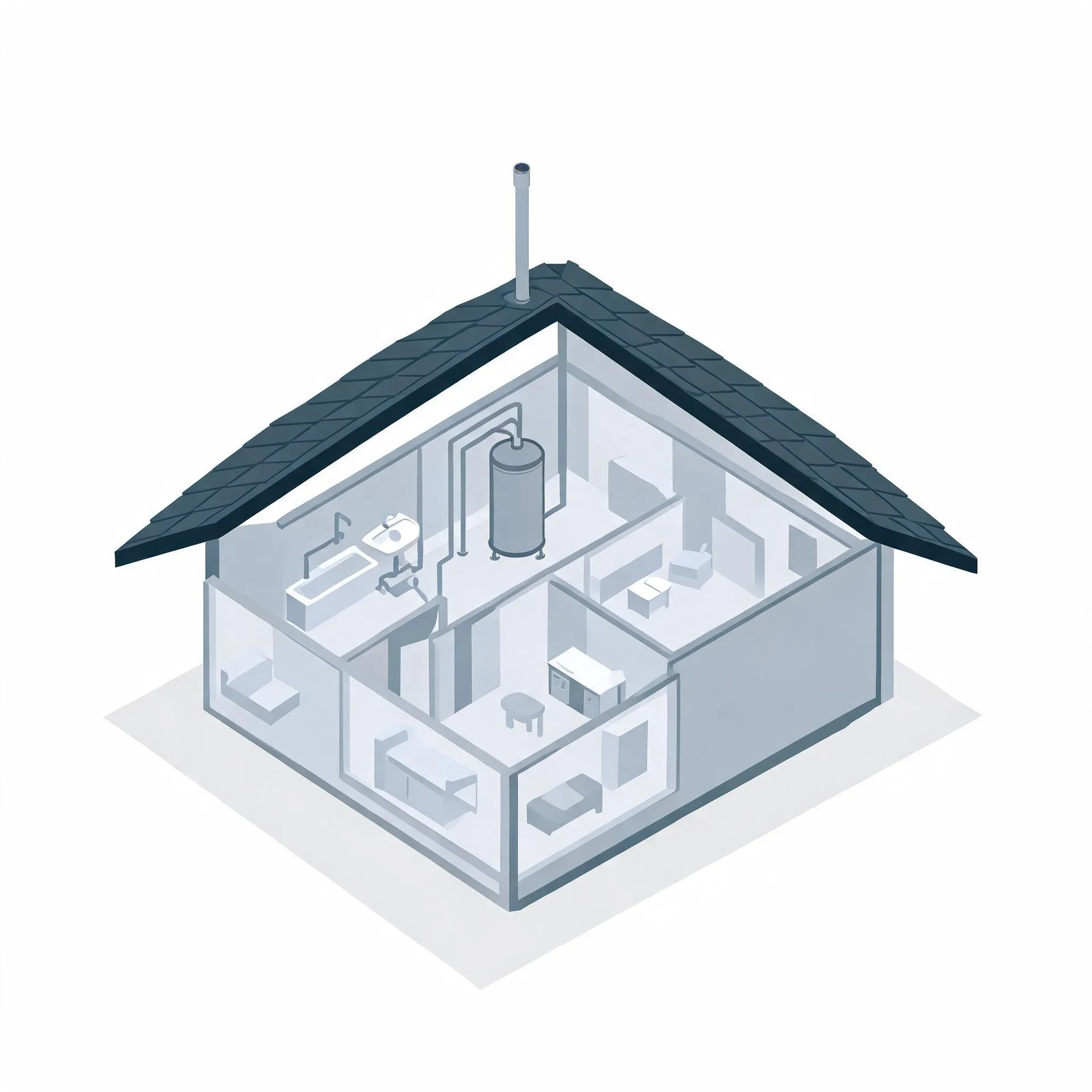 Isometric cutaway illustration of a single-story house with a dark gabled roof and chimney, showing interior rooms with furniture, a bathroom fixture group, and a cylindrical water heater with connected pipes.