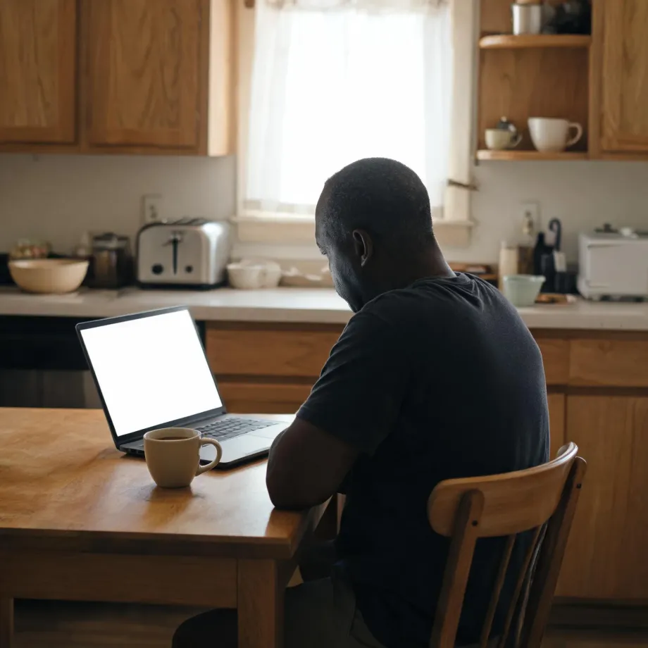 A man in a dark t-shirt sits at a wooden kitchen table with a blank-screen laptop and a mug of coffee, with cabinets, a toaster and a curtained window behind him.