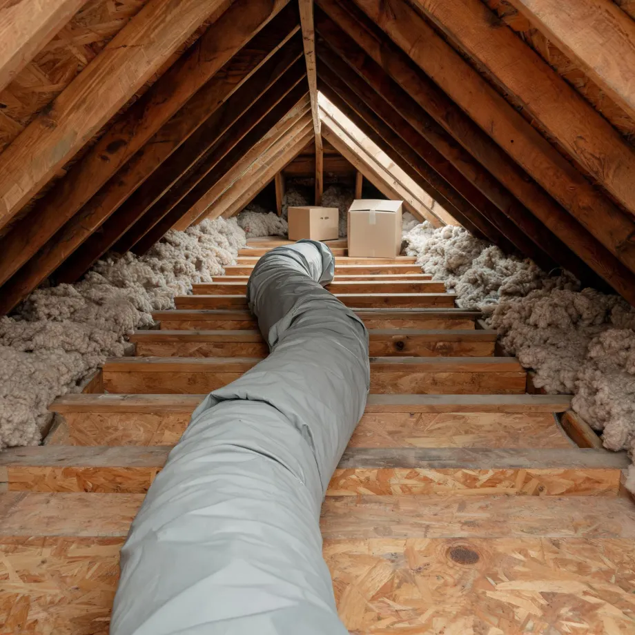 Attic interior with wooden rafters, OSB flooring over joists, loose insulation along the eaves, two cardboard boxes at the far end, and a large gray flexible insulated duct running down the center.