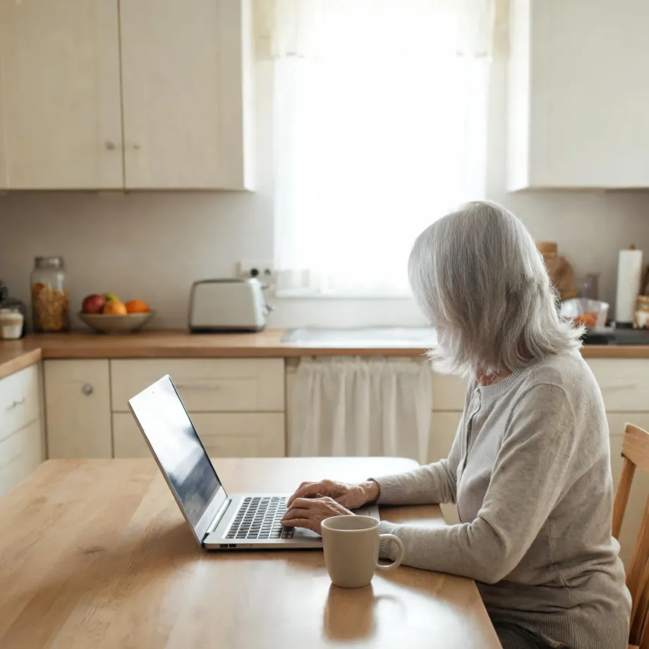 An older woman with gray hair sits at a wooden kitchen table typing on a laptop, with a white mug beside her and a window, toaster, and fruit bowl in the background.