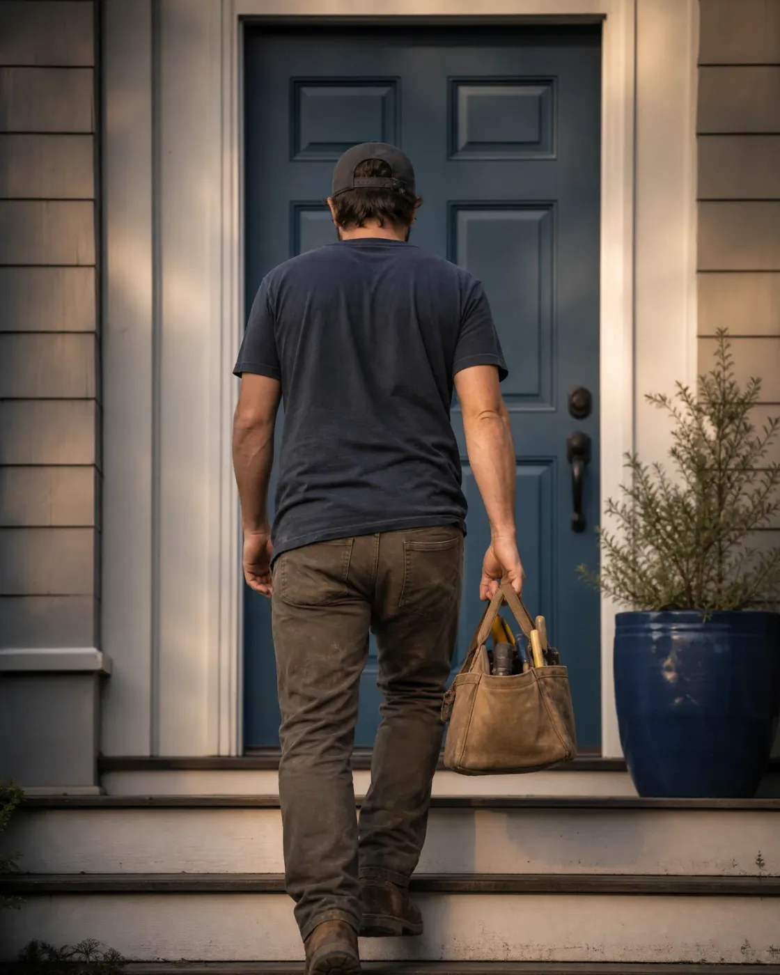 A man in a dark T-shirt, backwards cap and brown work pants, seen from behind, climbs porch steps toward a blue paneled front door while carrying a canvas tool bag, with a potted shrub in a blue planter to the right.