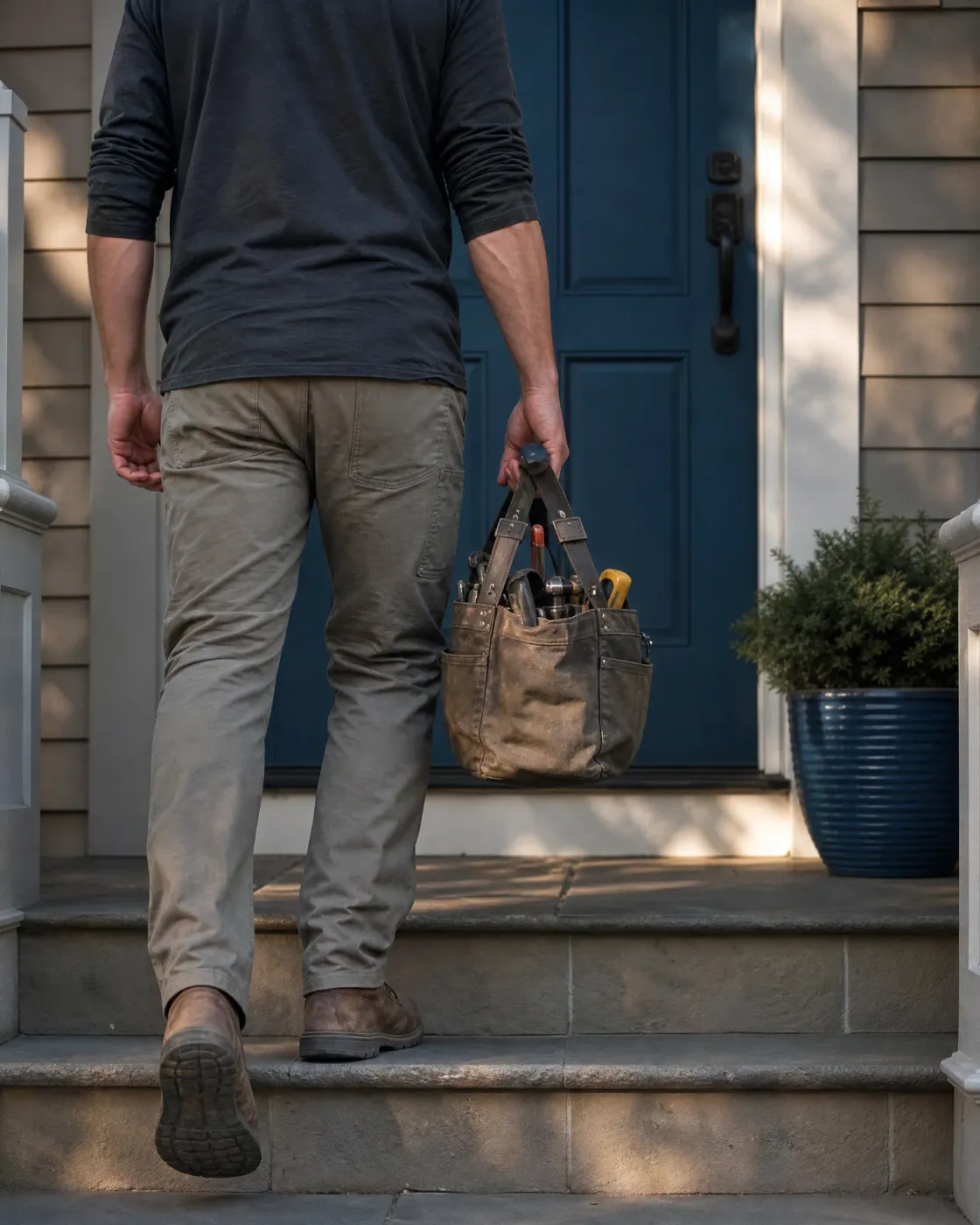 A person in a dark long-sleeved shirt and tan pants, seen from behind, carries a worn canvas tool bag up stone steps toward a blue front door with a shrub in a blue planter beside it.