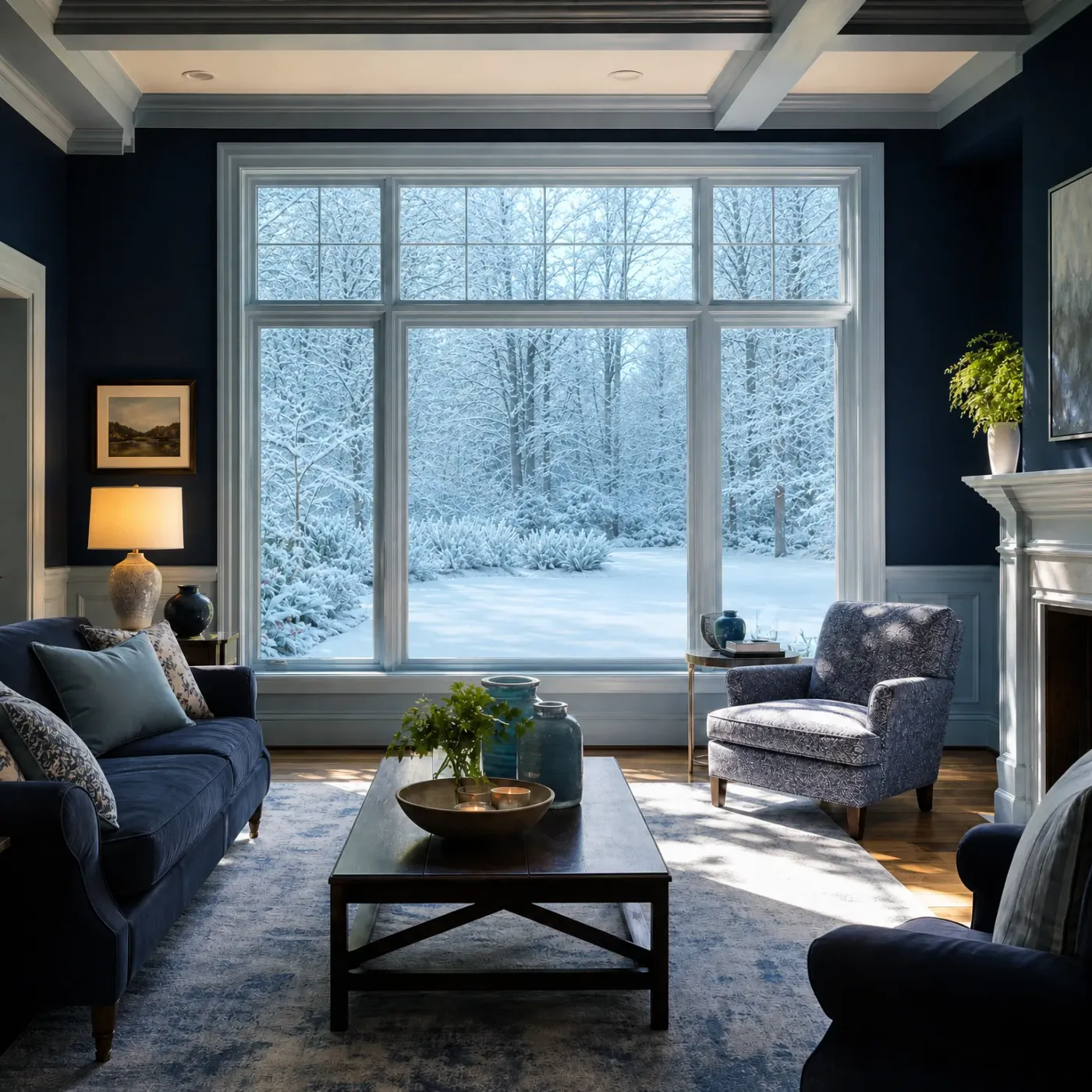A navy-walled living room with a lit table lamp, blue sofa, patterned armchair, dark wood coffee table and large white-framed window showing a snow-covered yard and trees.