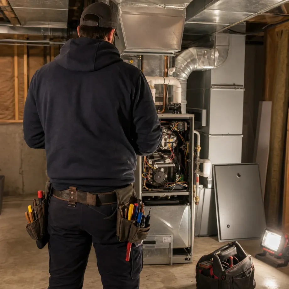 A person in a dark hoodie, cap and tool belt stands with their back to the camera facing an open furnace with exposed wiring in a basement with metal ductwork, a tool bag and a work light on the floor.