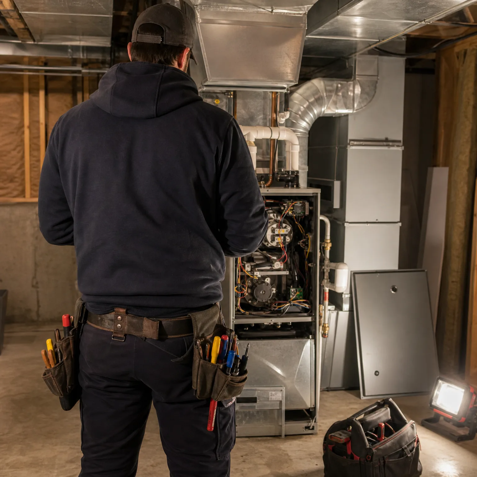 A person in a dark hoodie, cap and tool belt stands with their back to the camera facing an open furnace with exposed wiring in a basement with metal ductwork, a tool bag and a work light on the floor.