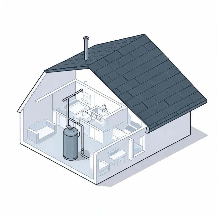 Isometric cutaway illustration of a small house with a dark shingled roof, showing interior rooms with furniture and a cylindrical water heater with connected piping and a roof flue.