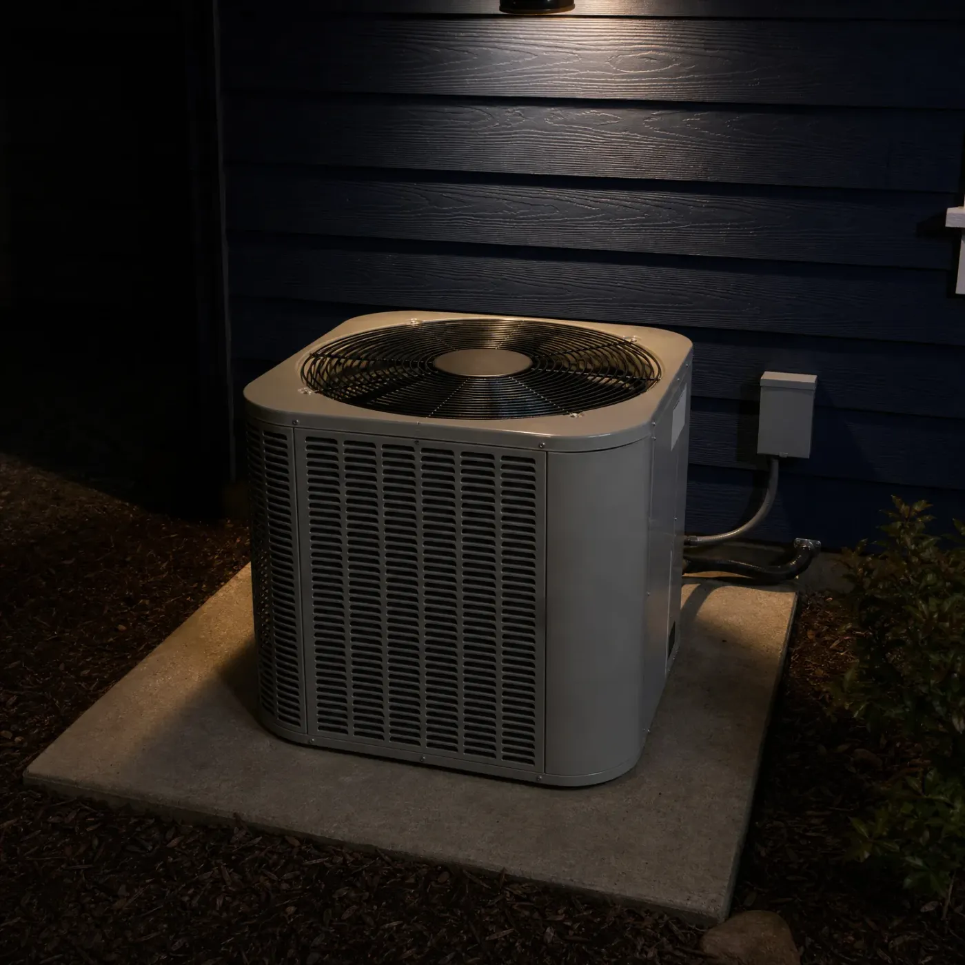 An outdoor air conditioning condenser unit on a concrete pad beside a dark blue lap-sided wall at night, with a nearby electrical disconnect box, refrigerant lines, mulch and a shrub.