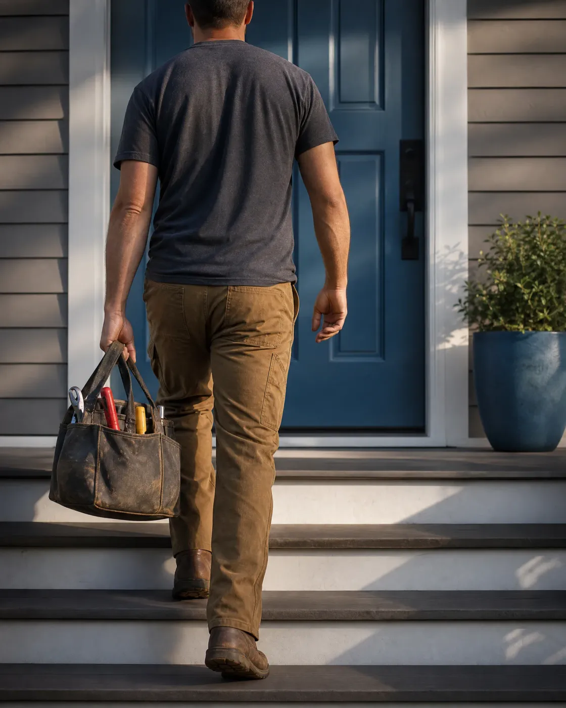 A man in a gray T-shirt and tan work pants, seen from behind, carries a worn canvas tool bag up concrete steps toward a blue front door of a house with gray siding and a potted shrub.