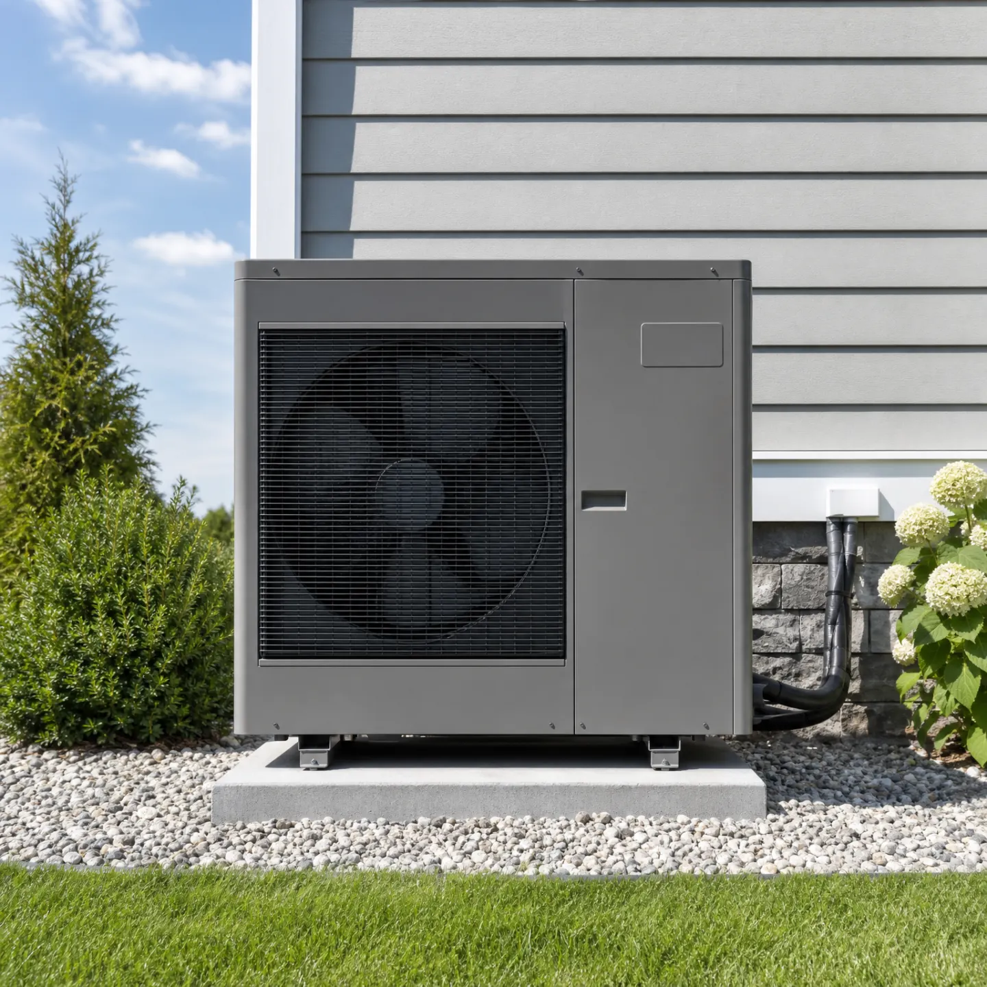 A gray air-source heat pump mounted on a concrete pad next to a house with gray vinyl siding, surrounded by gravel and flanked by green shrubs and white hydrangea flowers.