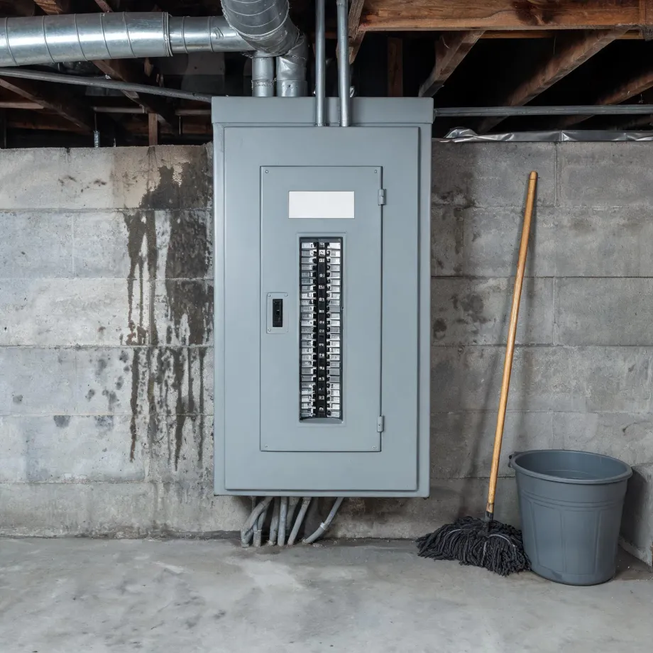 A gray electrical breaker panel with its door open showing rows of circuit breakers, mounted on a concrete block basement wall with exposed ducting and joists above, a mop and gray bucket to the right.