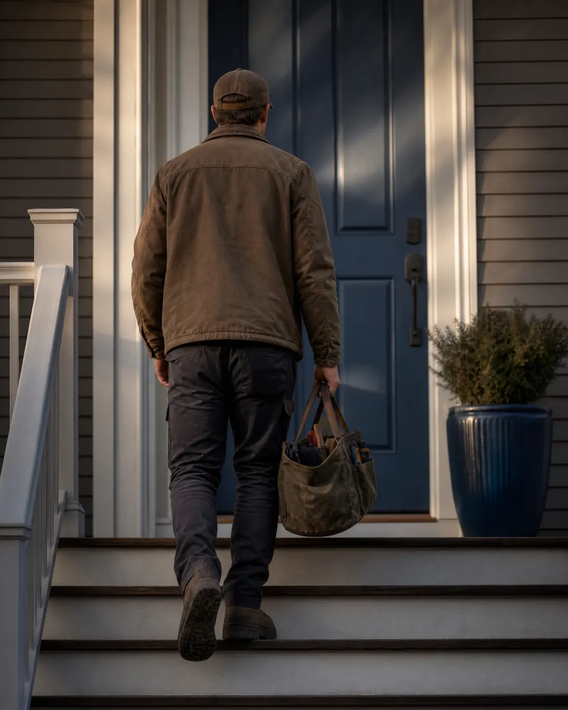 A man in a cap and brown jacket, seen from behind, climbs porch steps toward a blue front door while carrying a canvas tool bag, with a potted shrub in a blue planter beside him.