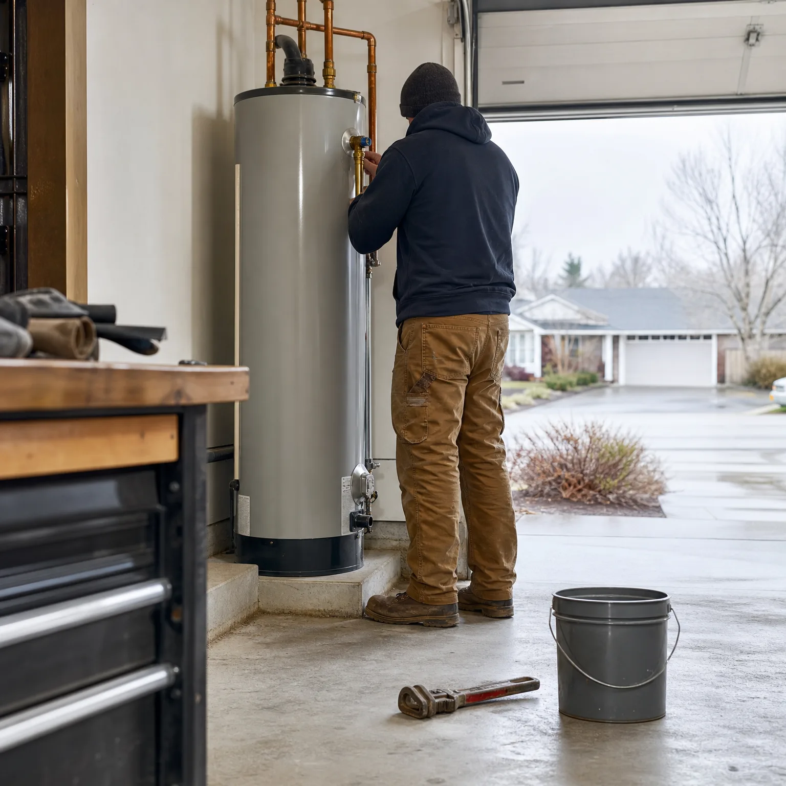 A person in a dark hoodie and tan work pants works on the copper piping of a tall grey water heater in an open garage, with a pipe wrench and grey bucket on the concrete floor and a house and driveway visible outside.