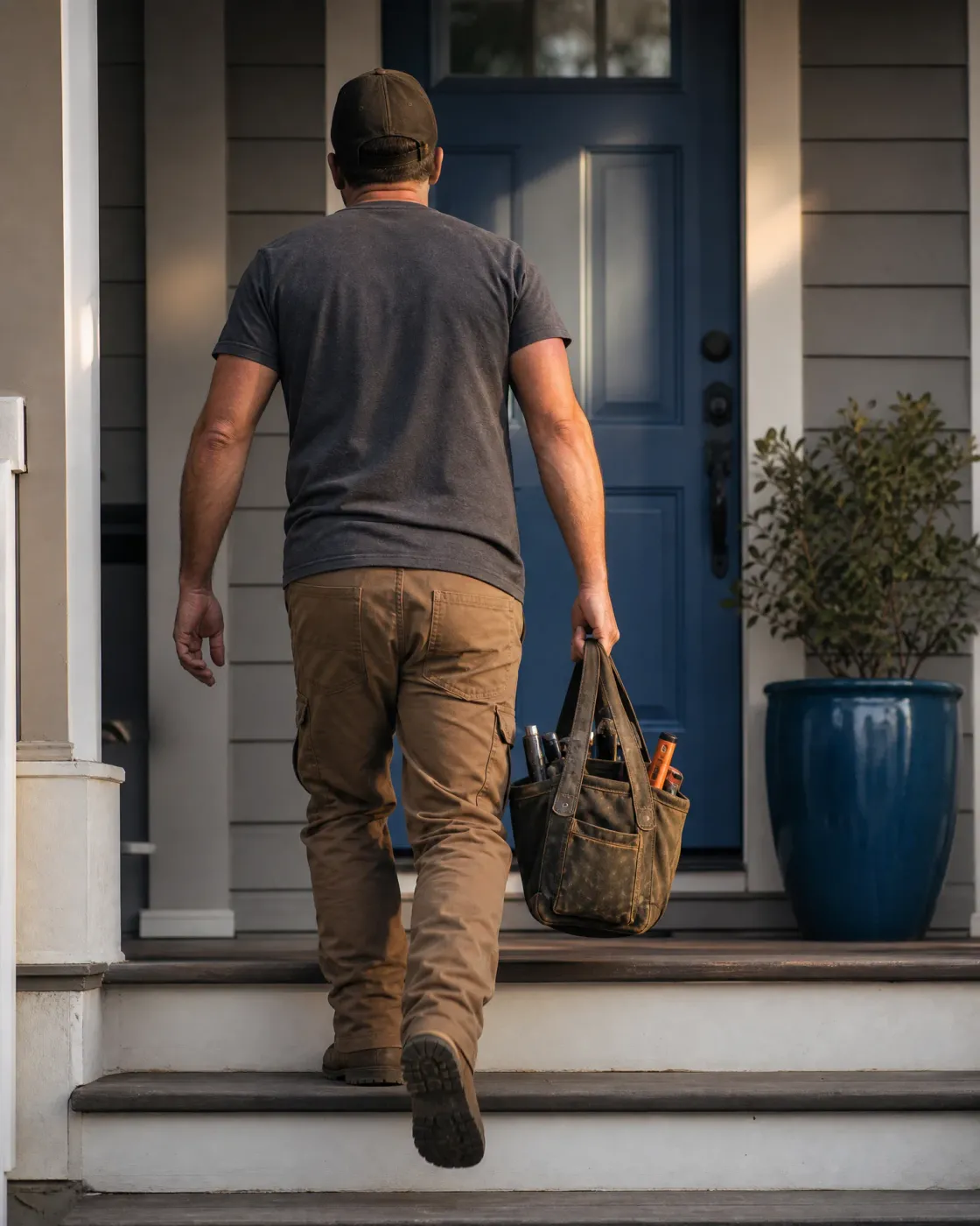 A man in a cap, gray T-shirt and tan work pants climbs porch steps toward a blue front door, carrying a canvas tool bag filled with tools, beside a blue planter with a shrub.