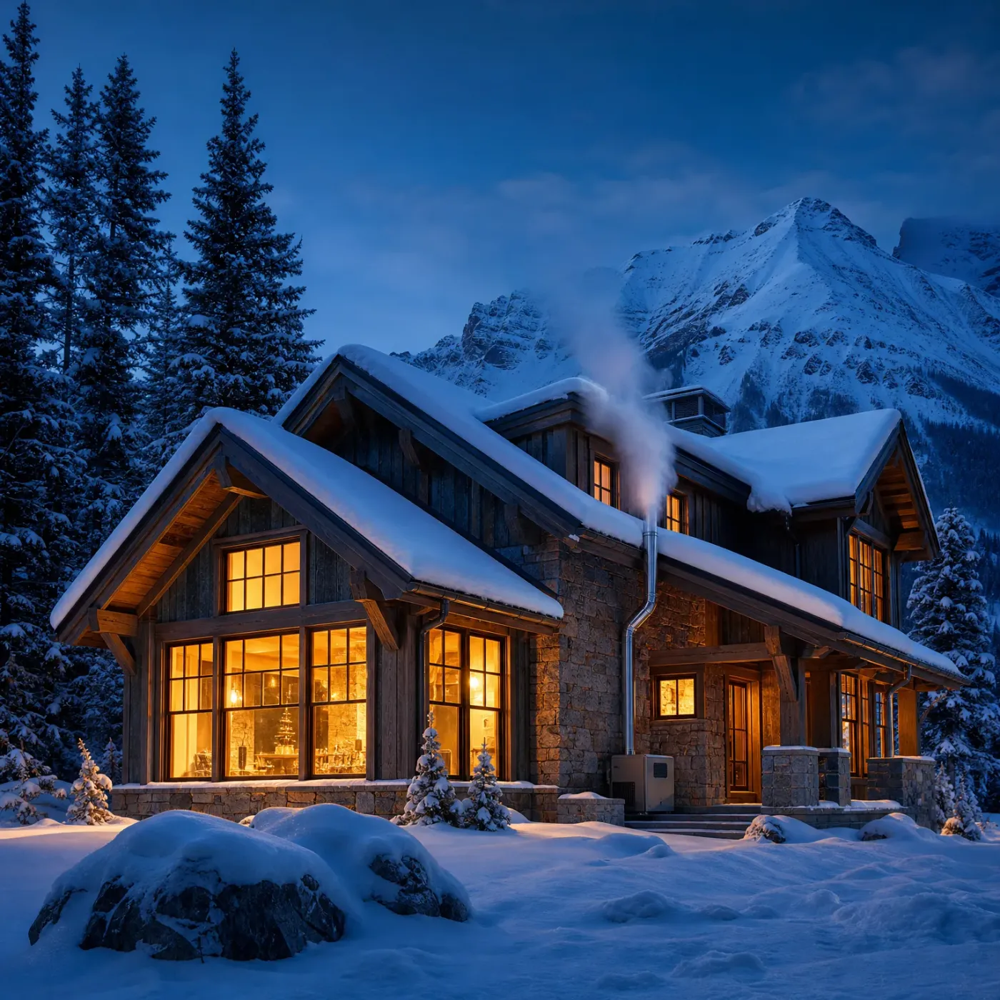 A snow-covered timber and stone house with lit windows at dusk, with a white vapour plume rising from a metal flue pipe on its side wall, conifers and a snowy mountain behind.