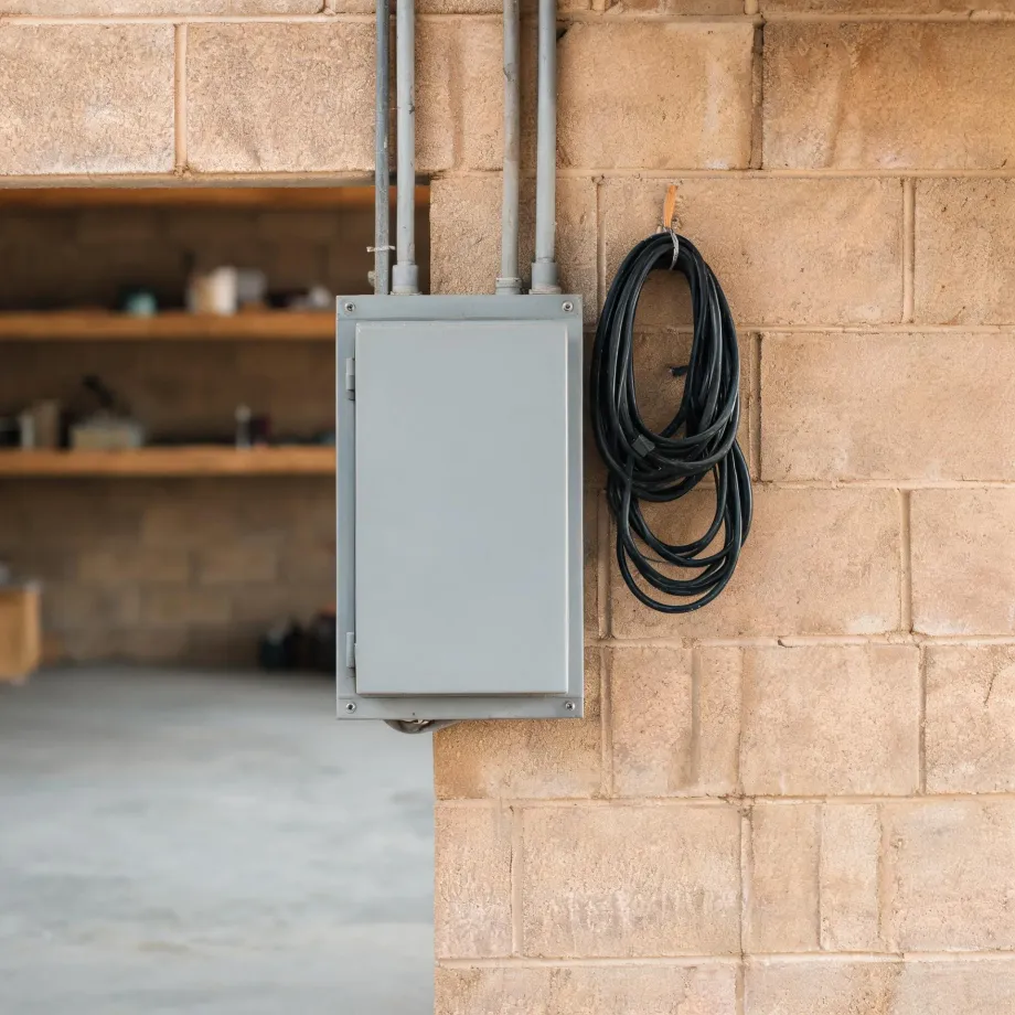 A gray metal electrical panel box with conduit pipes mounted on a tan concrete block wall, with a coiled black extension cord hanging on a hook beside it and wooden shelves in the blurred background.