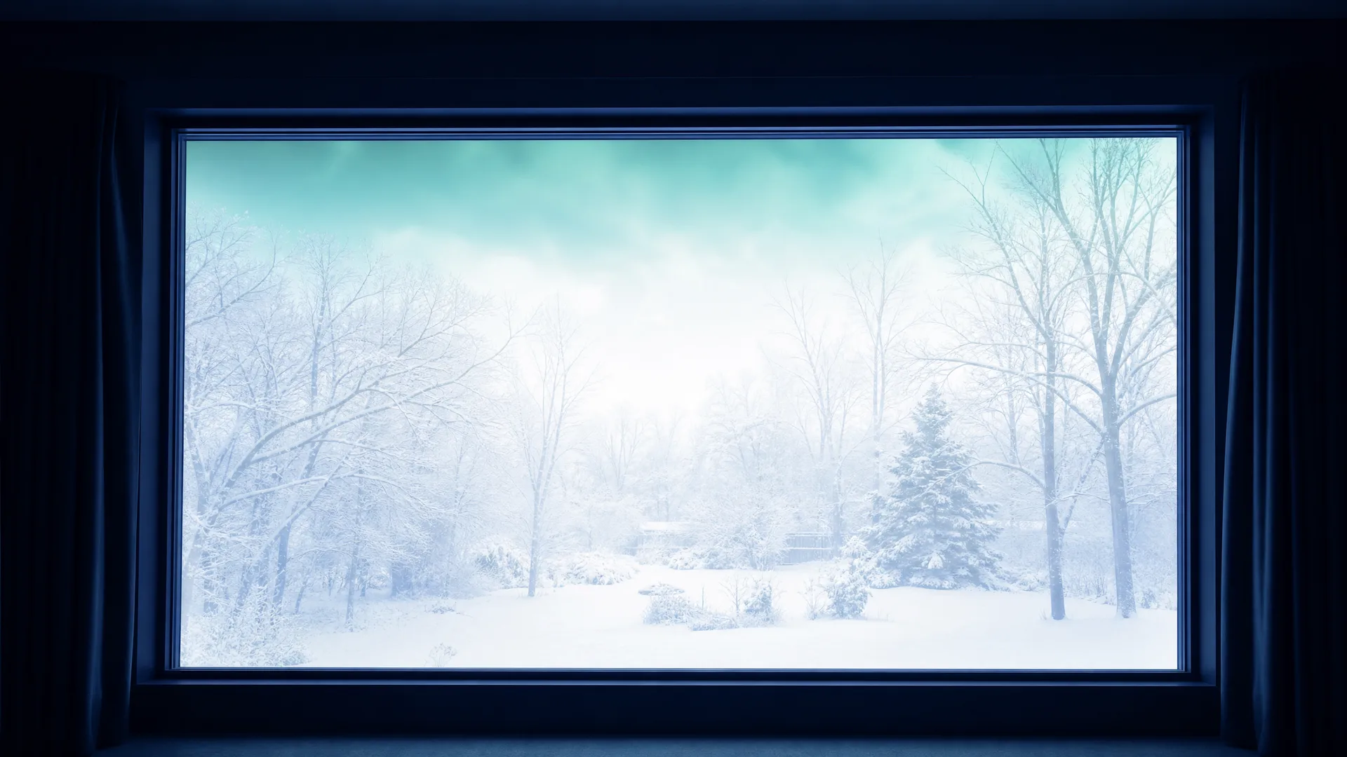 View from a dark room through a large window onto a bright snow-covered yard with bare trees and an evergreen under a pale teal sky, with dark curtains at both edges.