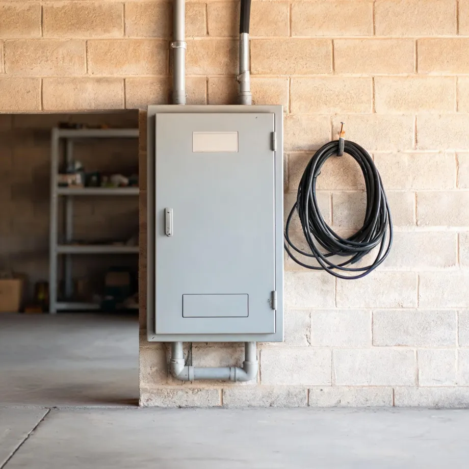 A gray metal electrical panel box mounted on a tan concrete block wall with conduit pipes above and below, a coiled black cable hanging on a hook to the right, and an open doorway to a room with shelving at left.