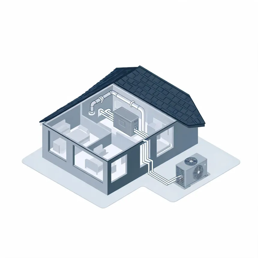 Isometric cutaway illustration of a gray house showing interior rooms, a central air handler with ducts in the attic, and refrigerant lines running to an outdoor condenser unit beside the building.