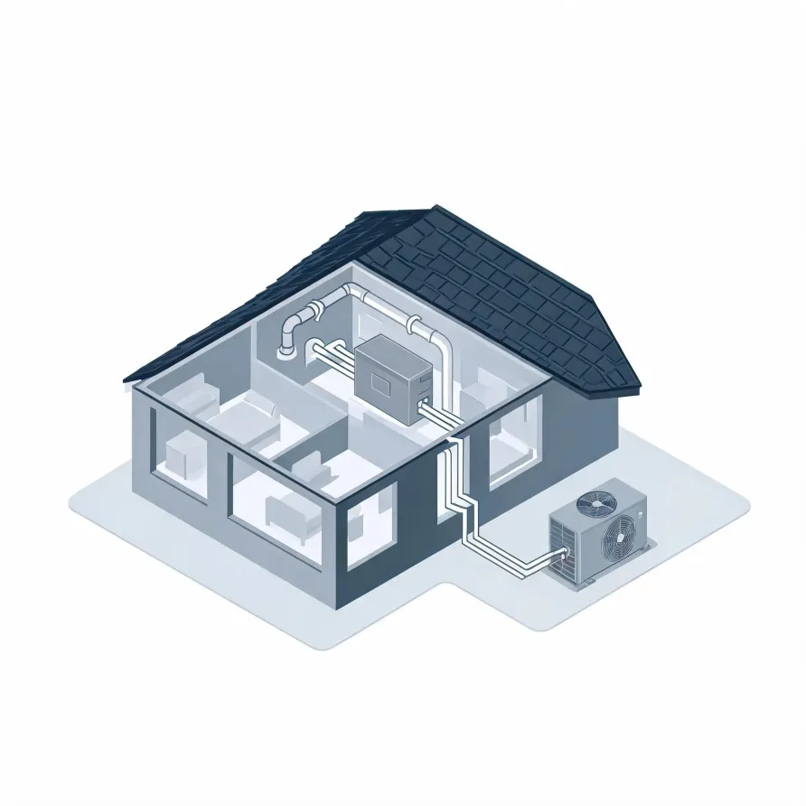 Isometric cutaway illustration of a gray house showing interior rooms, a central air handler with ducts in the attic, and refrigerant lines running to an outdoor condenser unit beside the building.