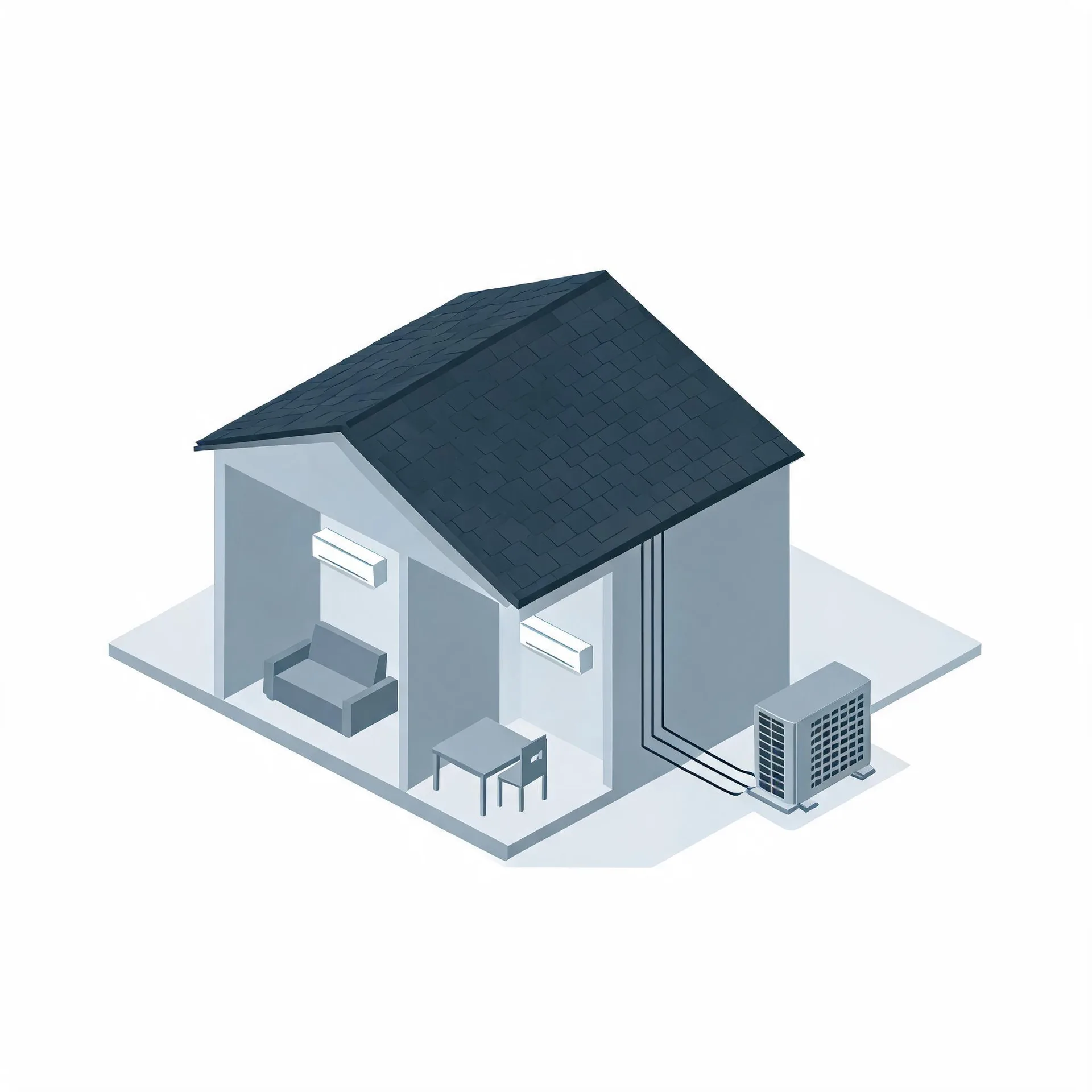Isometric illustration of a cutaway house with a dark shingled gable roof, showing two wall-mounted indoor air handlers, a sofa, table and chair inside, and refrigerant lines running to an outdoor condenser unit beside the building.