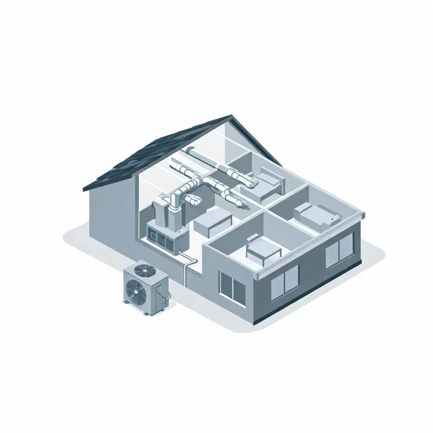 Isometric grayscale illustration of a cutaway house showing interior rooms, ceiling ductwork connected to an indoor air handler, and an outdoor condenser unit beside the exterior wall.