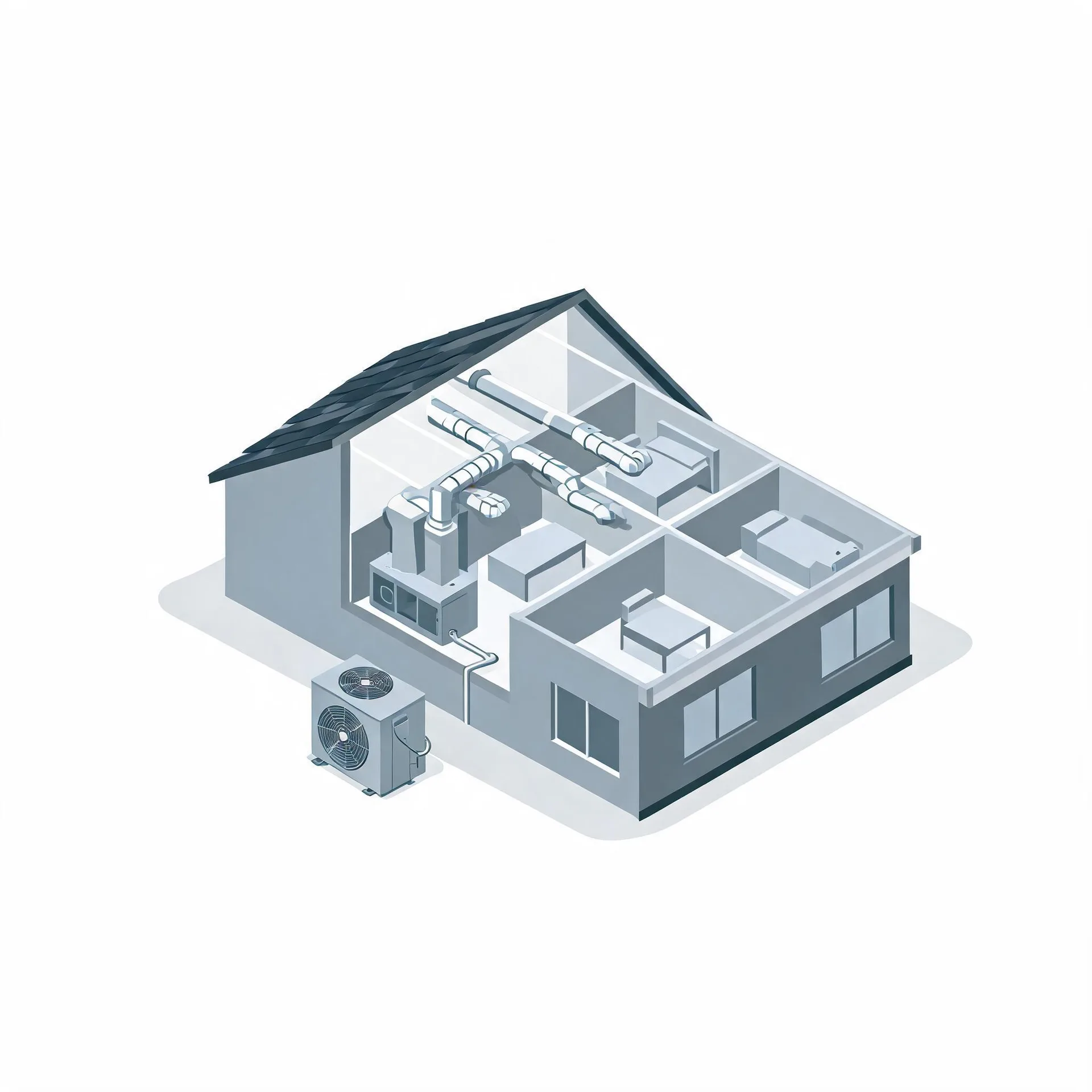 Isometric grayscale illustration of a cutaway house showing interior rooms, ceiling ductwork connected to an indoor air handler, and an outdoor condenser unit beside the exterior wall.
