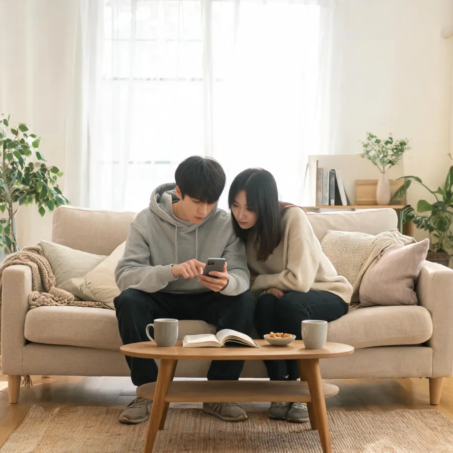 A man and a woman sit close together on a beige sofa in a bright living room, looking at a smartphone, with a wooden coffee table holding two mugs, an open book, and a bowl of snacks in front of them.