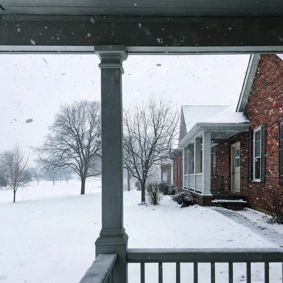 View from a covered porch with a square column and railing toward a neighboring red brick house with a white-columned porch, bare trees and snow-covered ground during falling snow.