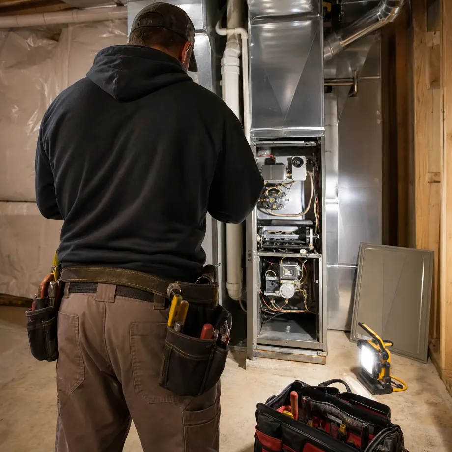 A man in a dark hooded sweatshirt and tool belt stands with his back to the camera facing an open furnace with exposed burners and wiring in a basement, with sheet-metal ductwork above, a portable LED work light and a tool bag on the floor.