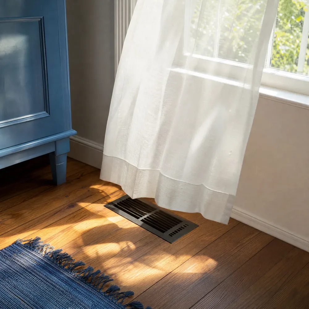 A dark metal floor vent set into a hardwood floor near a window with a sheer white curtain, a blue cabinet and a blue fringed rug at the edges of the frame.